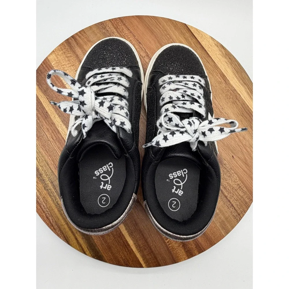 Art Class Girls Size 2 Black Glitter Star Sneakers Low Top Lace Up Shoes  0579